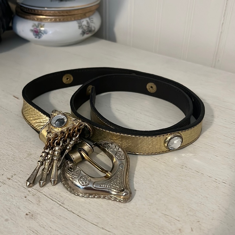 90s Y2K Leatherrock San Diego embellished gold belt and buckle 30”  - 34”